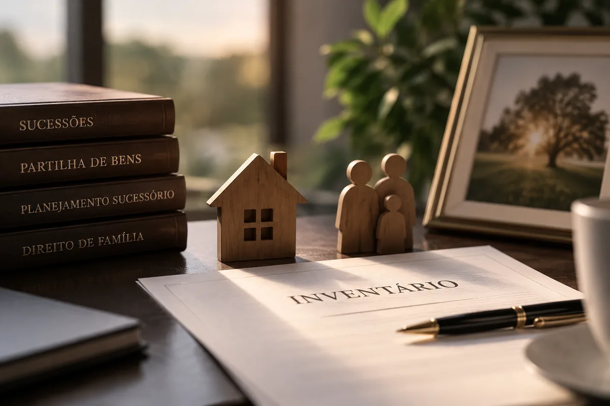 Casa e família em miniatura de madeira sobre um documento de inventário, ao lado de livros de Sucessões e Direito de Família